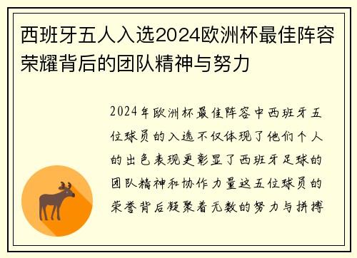 西班牙五人入选2024欧洲杯最佳阵容荣耀背后的团队精神与努力 西班牙五人入选2024欧洲杯最佳阵容荣耀背后的团队精神与努力